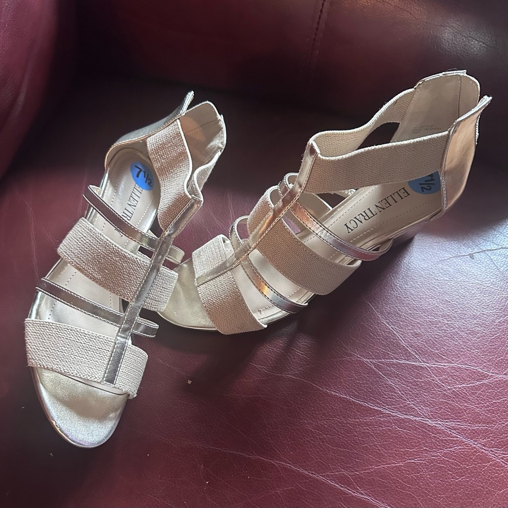 Ellen Tracy wedge sandals, size 7.5 GB old straps w/beige elastic straps